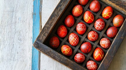 Red and Green Hand-Painted Easter Eggs in Vintage Wooden Drawer