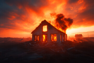 Devastating Blaze Consumes Abandoned House Against Dramatic Sunset Sky with Fiery Colors
