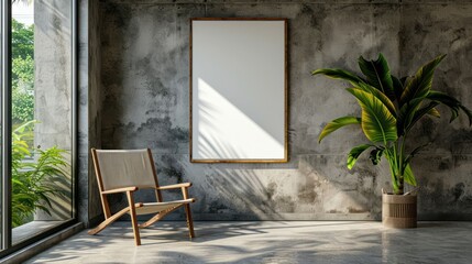 Modern minimalist interior with a chair, empty frame, and lush plant in a bright setting