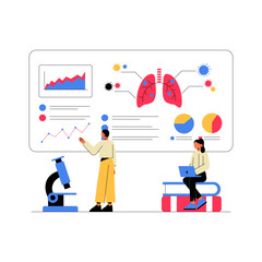 Scientists Analyzing Virus Pneumonia Data In Flat Vector Illustration Symbolizing Medical Research, Disease Analysis, And Healthcare Innovation, Isolated On White Background