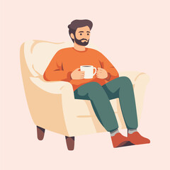 Man is relaxing with hot drink vector illustration