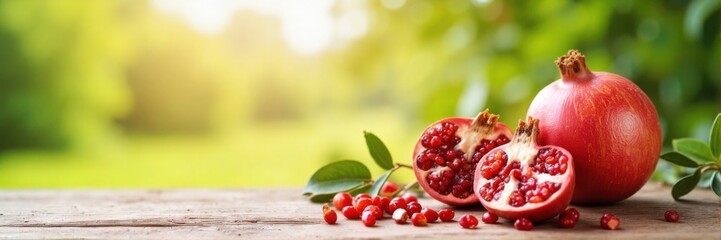 Whole and halved pomegranates on rustic wooden surface with leaves