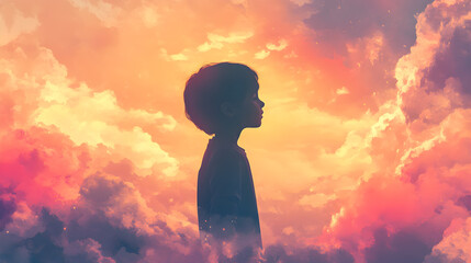 Obraz premium image of a child’s silhouette filled with a soft pastel sunrise, illustrating hope, new beginnings, and the innocence of youth 