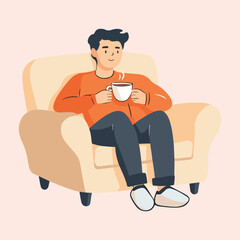 Man is relaxing with hot drink vector illustration