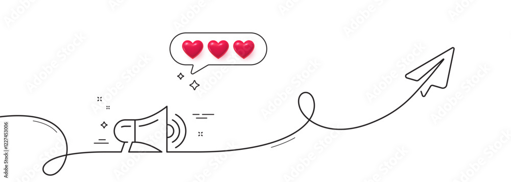 Poster megaphone line icon. continuous line with share plane. advertisement device symbol. communication si