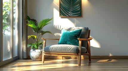 Cozy living room with a stylish wooden chair, green cushion, and potted plant, sunlight streaming in