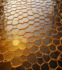 Honeycomb pattern reflected in the golden honey pool, edible pattern, sweet indulgence , golden honey
