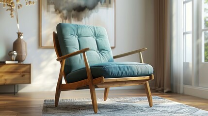 Cozy modern armchair in a bright living room with art and natural light streaming in