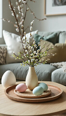 Minimalist Easter decorations for home. Scandinavian Easter decor with tray