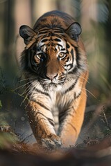 Fototapeta premium Regal Tiger: A tiger prowling through natural habitat, its orange and black stripes blending perfectly with the sunlight and shadows.