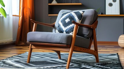 Modern armchair with geometric cushion in stylish living room with wooden flooring and decor