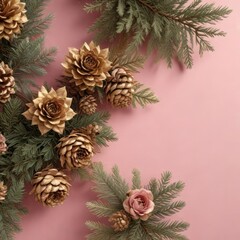Icy pink background featuring a grouping of gold-painted pinecones, sprigs of rose-hued eucalyptus, and minimalist ornaments , foliage, decorations, winter