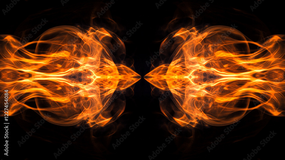 Poster abstract symmetrical design of fiery orange flames on a black background, creating a dynamic visual 