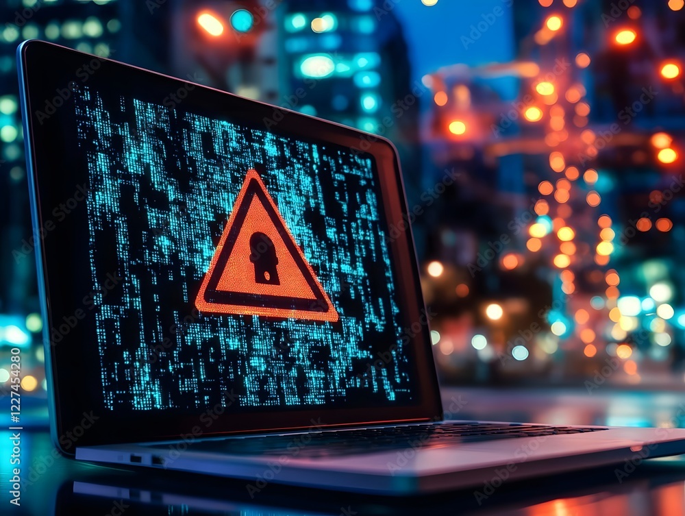 Poster a laptop displaying a security warning symbol against a digital backdrop.
