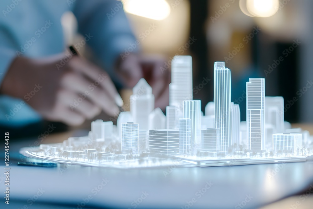 Poster architects and engineers designing energy efficient buildings using 3d modeling and holographic