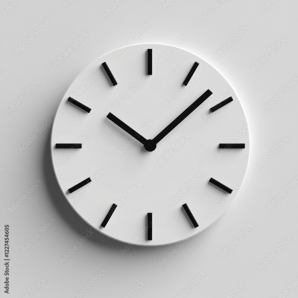 Poster minimalist wall clock with black hands and numbers displayed on a light gray background indicating a