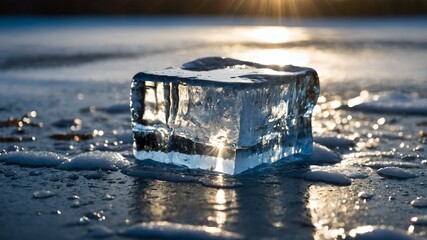 A close-up of a block of ice slowly melting under the direct sunlight. Water droplets form on the surface, trickling down the edges and pooling in tiny puddles around the ice