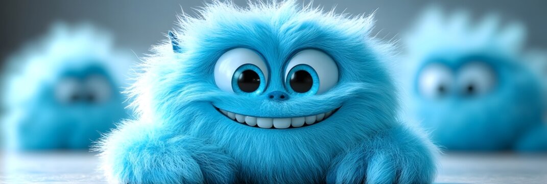 Blue Fuzzball: Adorable 3D Monster Cartoon Character