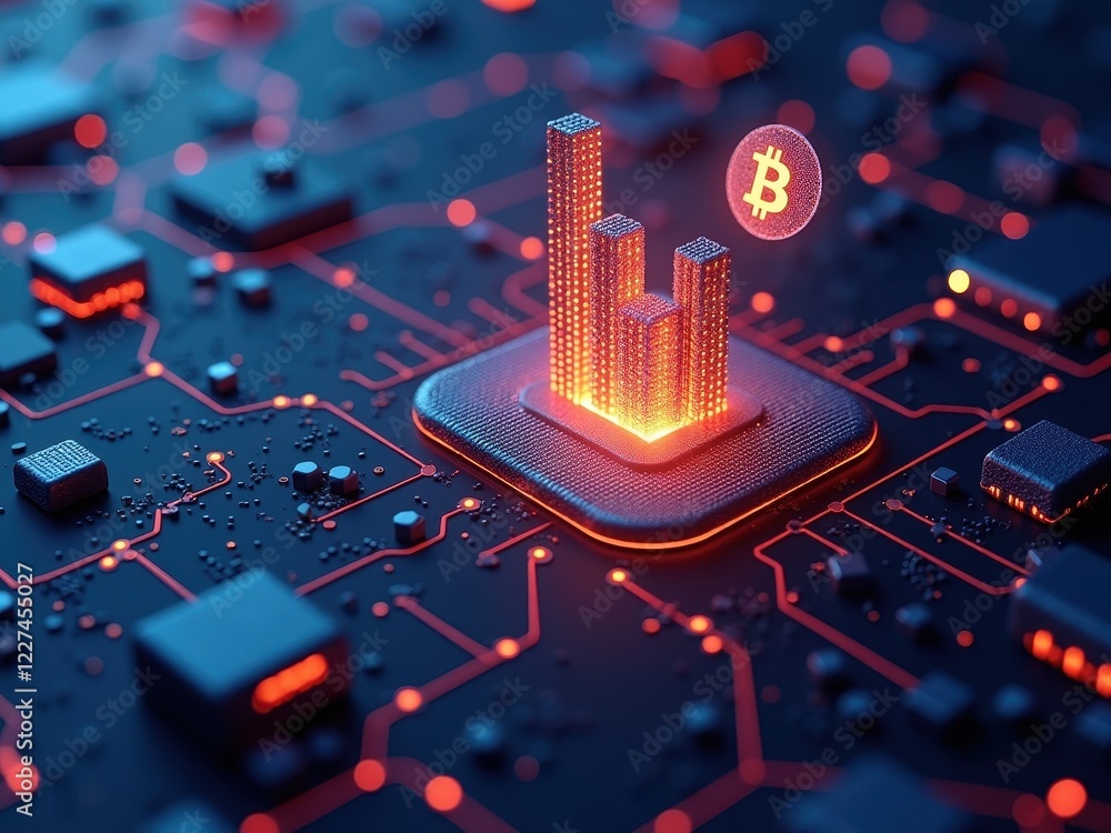 Poster blockchain technology visualized with glowing data bars and cryptocurrency symbols on a circuit boar