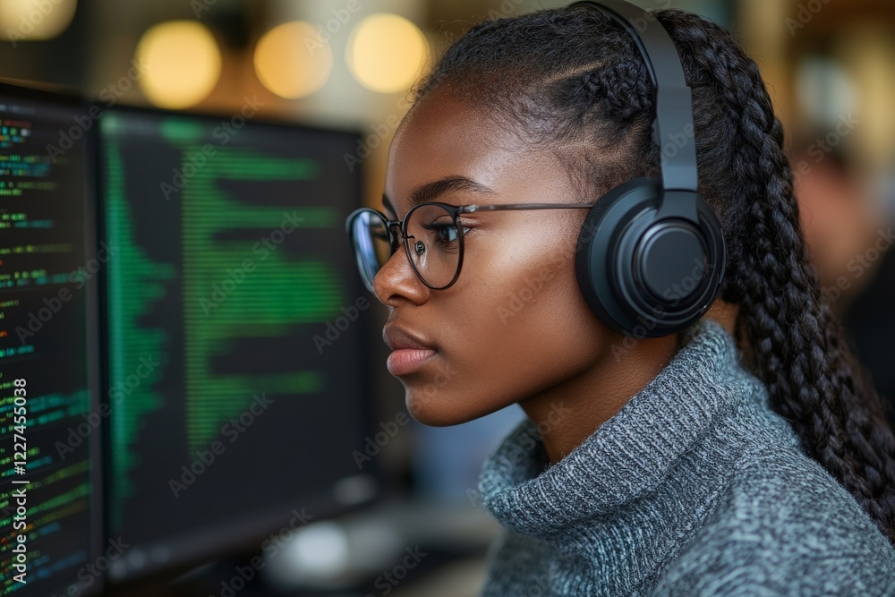 Aufkleber Young woman focused on coding at computer during daytime in a modern workspace
