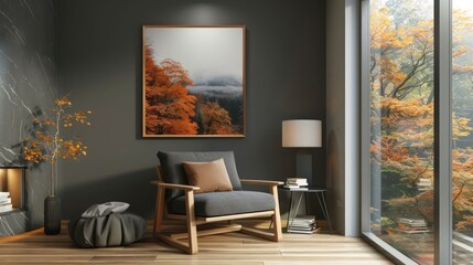 Fototapeta premium Cozy living room with modern furniture, autumn-themed artwork, and scenic window view