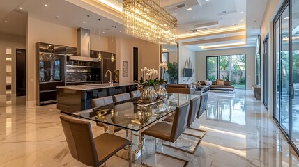 Elegant Modern Dining Area with Stylish Kitchen and Natural Light