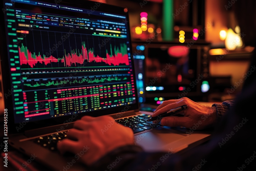 Poster Traders analyze stock market data on a laptop during evening hours in a modern workspace