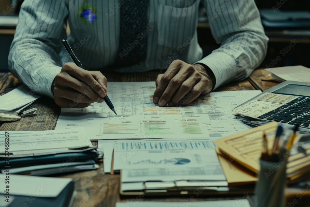 Poster professional working environment with hands analyzing financial documents on a wooden desk