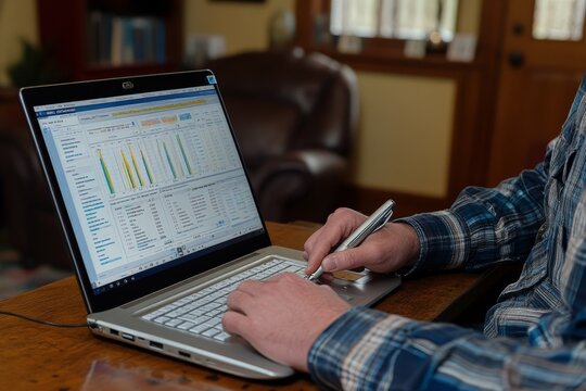 Person analyzes data on a laptop in a cozy indoor setting during daytime, focusing on graphs and statistics