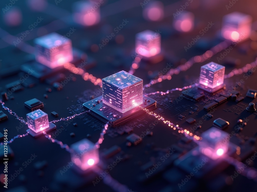 Aufkleber blockchain technology represented with illuminated nodes connecting over a circuit board, showcasing
