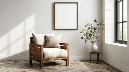 Cozy and Minimalist Living Room with Wooden Chair, Blank Frame, and Potted Plant by the Window