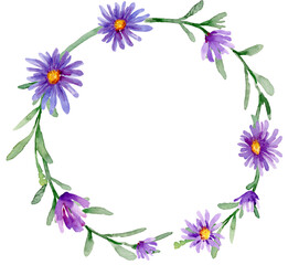 Fototapeta premium Purple daisy flower border frame wreath watercolor floral illustration hand painted