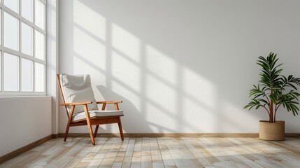 Fototapeta premium Cozy interior featuring a wooden chair and potted plant, with sunlight casting shadows on walls