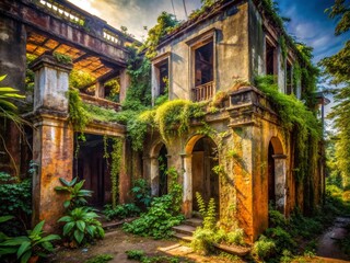 Fototapeta premium Abandoned Urban Exploration: Mysterious Vietnamese Building, Intriguing Decay, Crumbling Walls, Overgrown Vegetation, Atmospheric Light