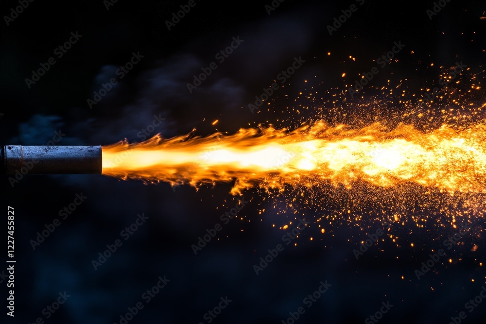 Aufkleber Fire erupts from the end of a metal pipe during a dazzling display of pyrotechnics at a nighttime event