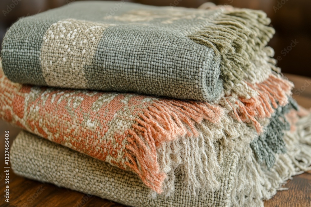 Aufkleber cozy woven blankets stacked on a wooden table with warm textures in a relaxed indoor setting