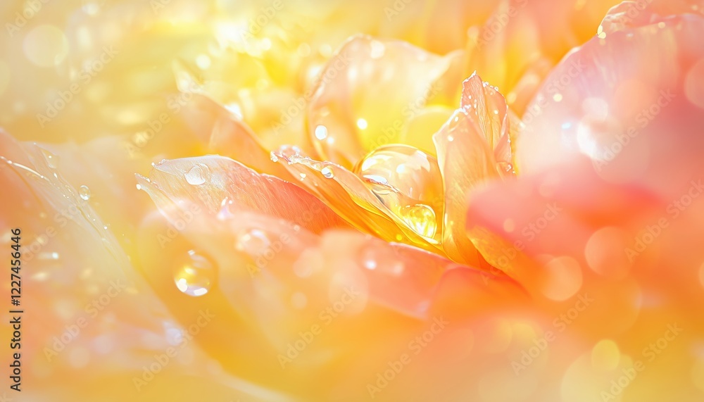 Aufkleber soft blur: macro close-up of dew drop reflecting flower petal, creating gentle spring artistic image