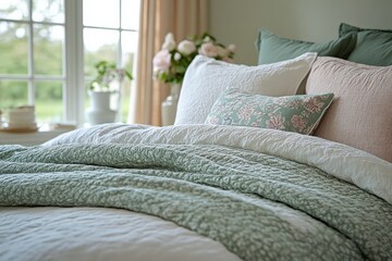 Cozy bedroom setting with soft bedding and natural light in a serene environment