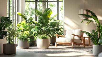 Fototapeta premium Bright Indoor Room with Green Plants and Comfortable Chair for Relaxation and Style