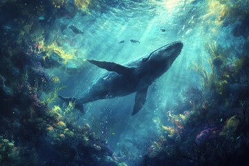 Obraz premium An underwater view of a whale, its massive form swimming silently through the depths of the ocean, surrounded by the calm and vast expanse of the sea