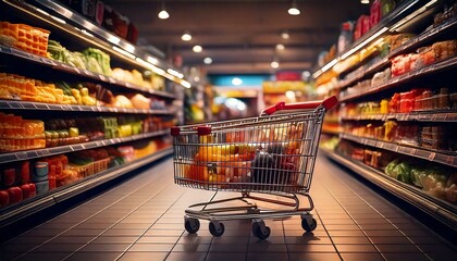 cart in the middle of grocery store isle 