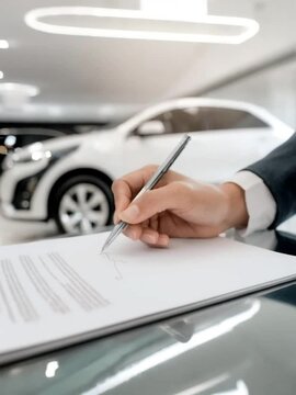 Man signing car insurance or lease document, buying or selling new or used vehicle at dealership. Focused on agreement contract, white car model in background, business transaction, auto finance.

