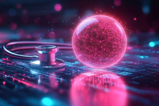 Digital sphere with network connections near a stethoscope on a technological surface representing healthcare innovation
