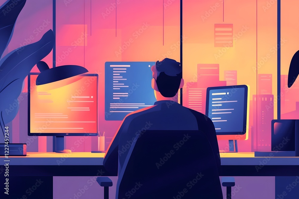 Poster it professionals collaborating on ai driven cybersecurity solutions in sleek workspace