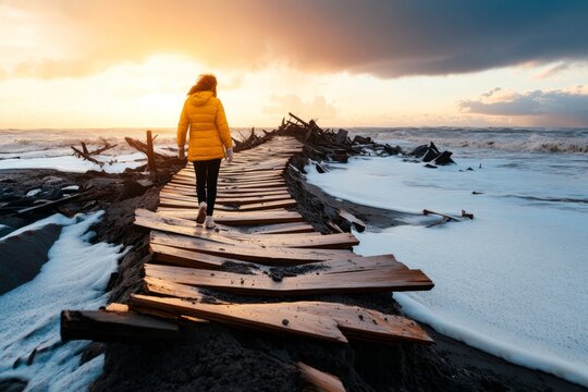 A person walking along a collapsed bridge, unable to cross to the other side, symbolizing roadblocks in progress