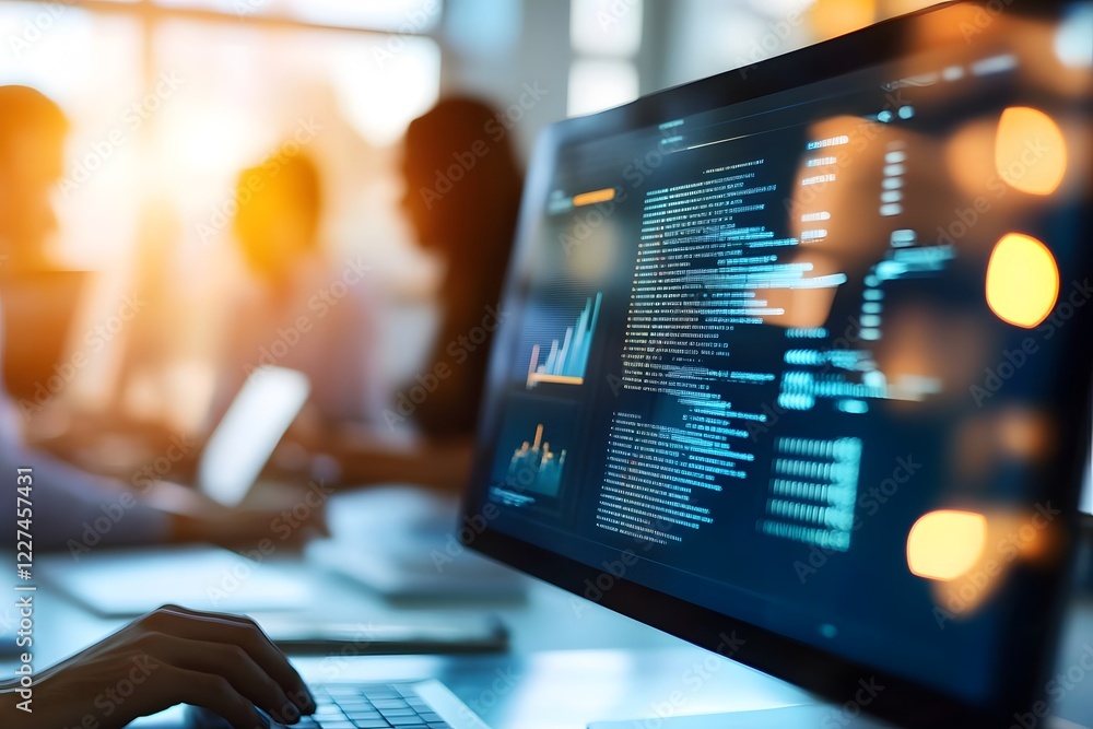 Poster cybersecurity experts monitoring ai driven data protection solutions in corporate workspace