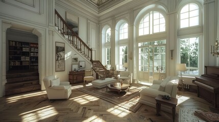 Elegant living room with large windows, wooden staircase, and cozy furniture, bathed in sunlight