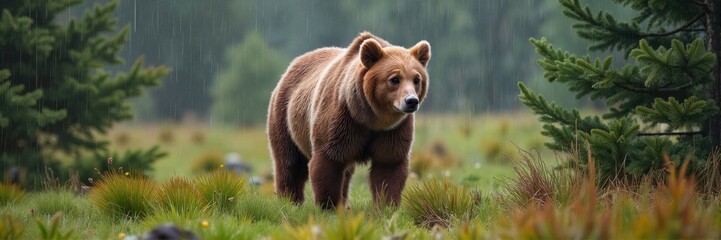 Fototapeta premium Brown bear walking through a misty forest clearing