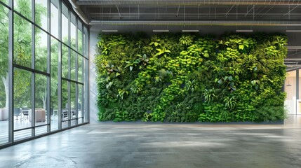 Lush Green Vertical Garden in Modern Office Space with Natural Light and Open Area