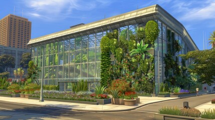 Obraz premium Modern glass greenhouse filled with diverse plants, surrounded by urban landscape and greenery